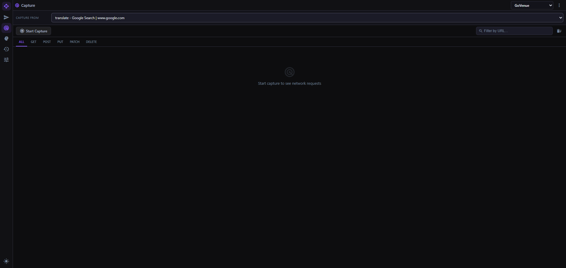 MockPilot API Capture showing a browser tab selector, Start Capture button, filters, and live request area