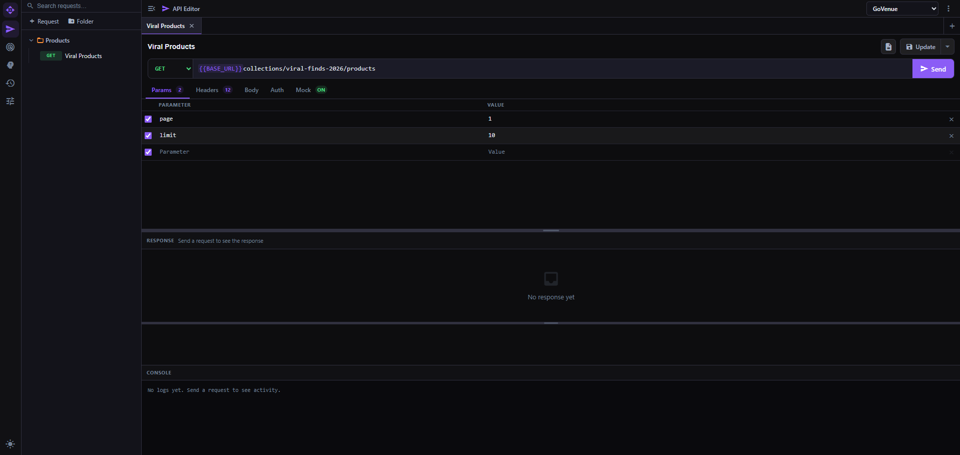 MockPilot API Editor showing a saved request in a folder with params, headers, body, auth, mock, and response areas