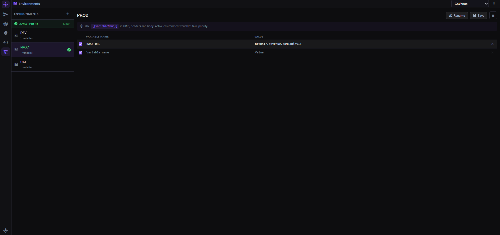 MockPilot Environments screen showing DEV, PROD, UAT, active environment, and BASE_URL variable