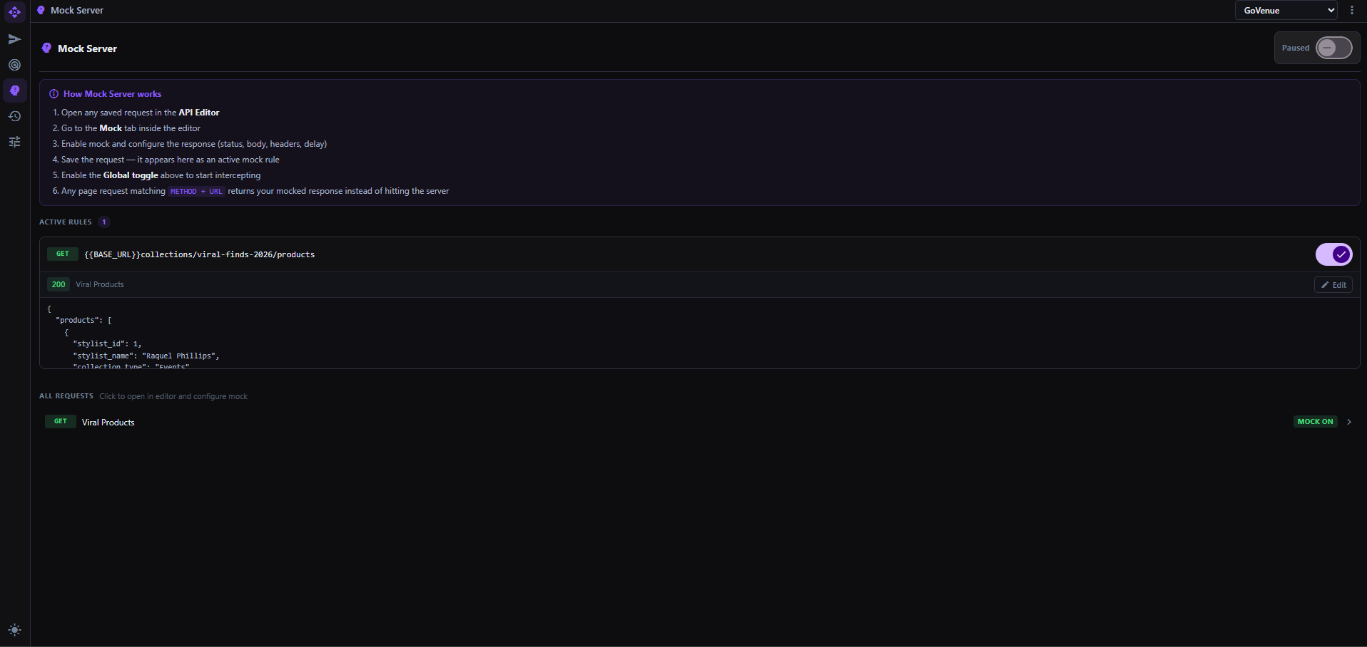 MockPilot Mock Server showing active mock rules, global pause toggle, and edit action